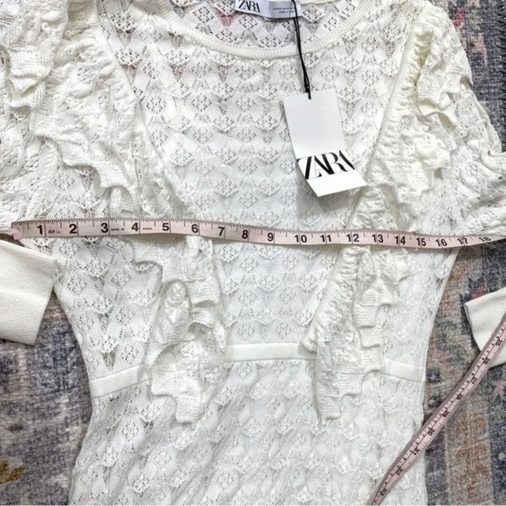 Zara NWT Medium White Pointelle‎ Knit Long Sleeve Mini Dress Ruffles